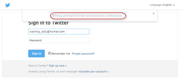 Wrong username and password