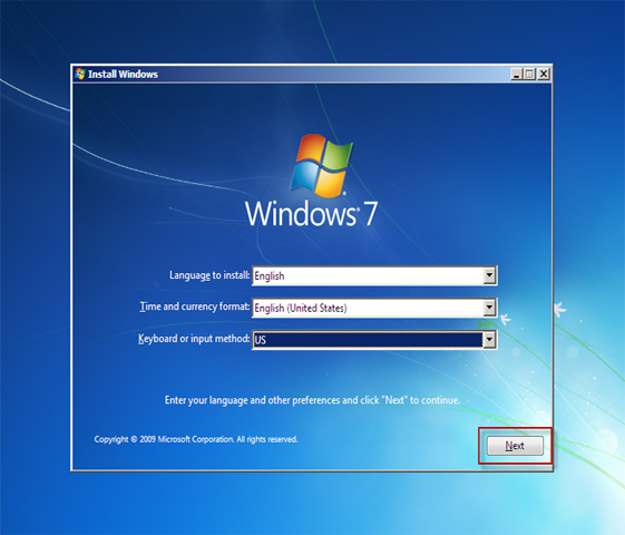 Windows 7 installation Window