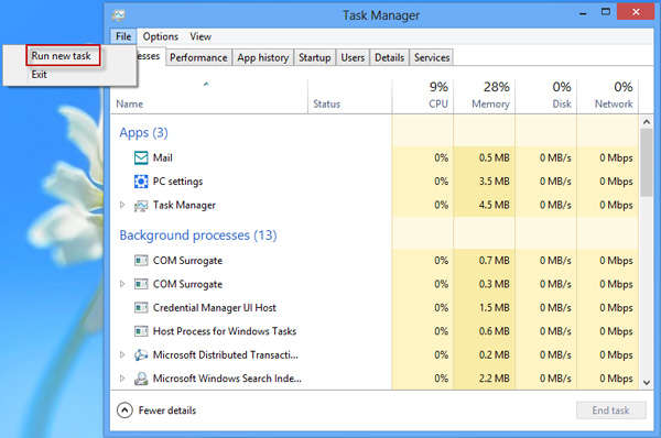 Run new task in task manager