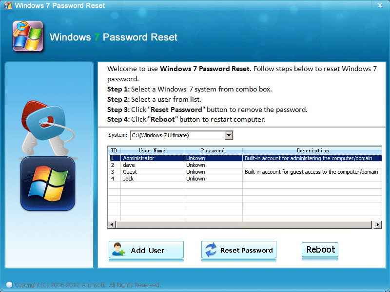Click to view Windows 7 Password Reset Software 4.0 screenshot