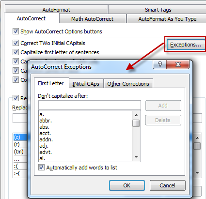 autocorrect exceptions