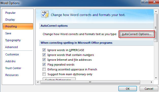 autocorrect options