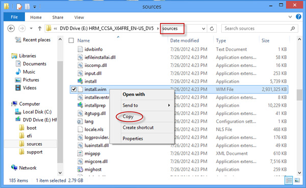 Copy and paste install.wim file