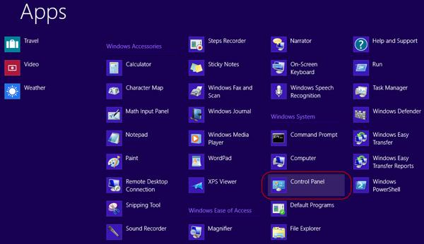 Find Control Panel in apps
