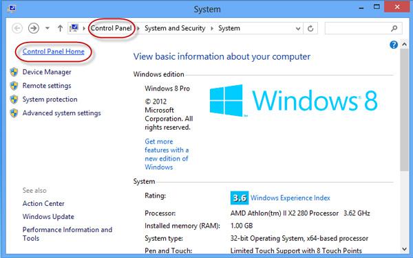 Control Panel Home link in System dialog