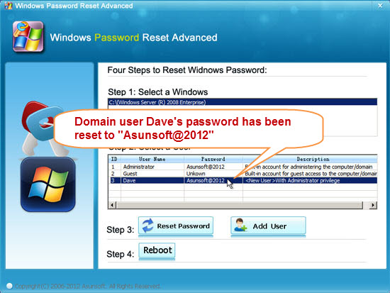 reset Windows 2008 domain user password